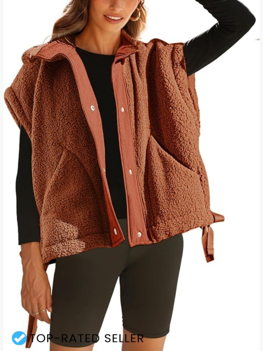 Oversized Fuzzy Fleece Vest Sleeveless Sherpa Button Front Cozy Winter Layering